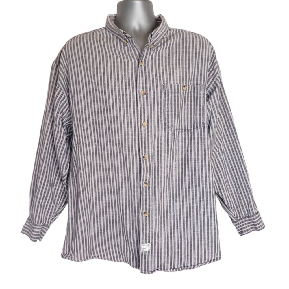 Ringo Sport Mens Grandfather Shirt XL Blue Stripe‎ Cotton Vintage Button Down